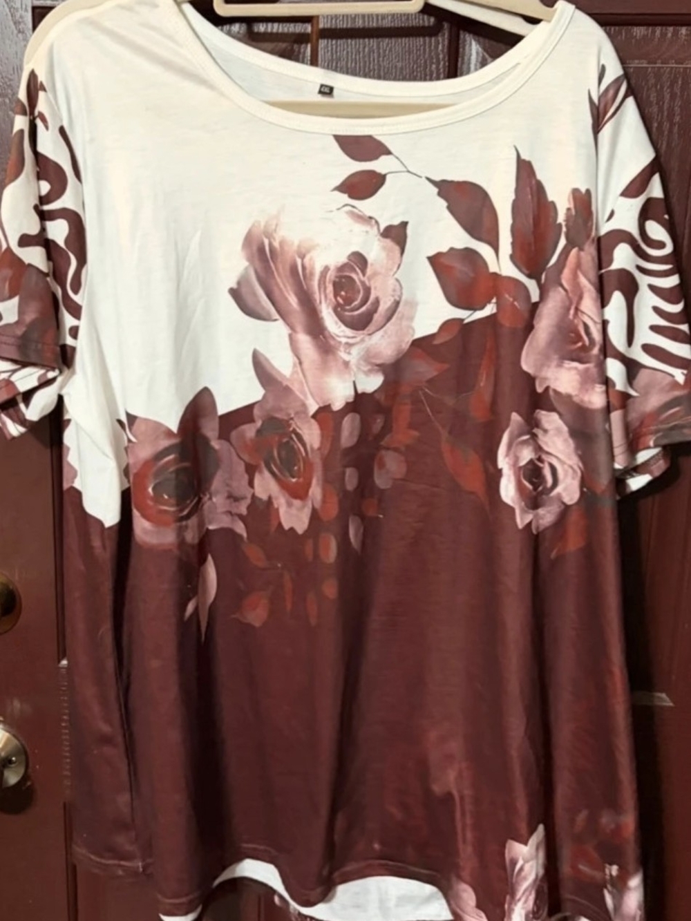 Women's White and Burgundy Floral Short-Sleeve Top
